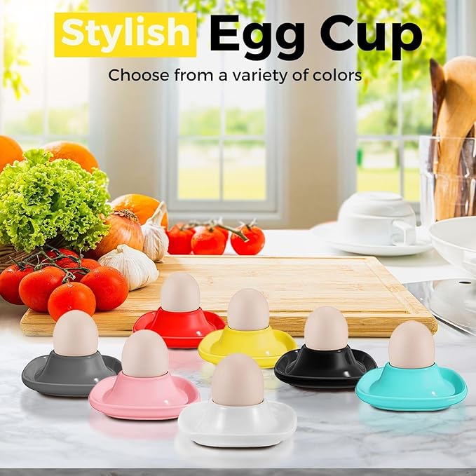 Flexzion Egg Cups for Soft Boiled Eggs - Set of 6 Ceramic Egg Holder - Stackable Egg Coddler Cups with Base for Serving, Breakfast, Brunch - Kitchen Table Decor, Yellow