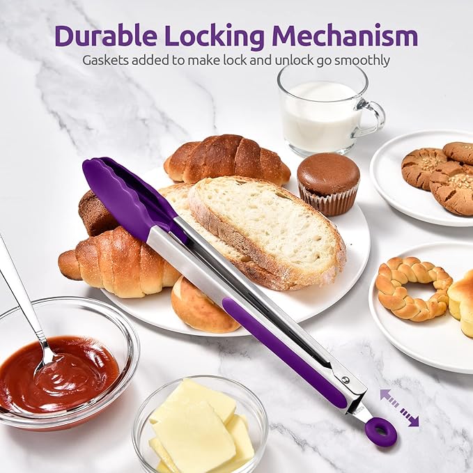 600ºF Heat Resistant Kitchen Tongs: U-Taste 12 inch Large Silicone Cooking Tong with Sturdy Non Stick Rubber Tips & Silicon Coated 18/8 Stainless Steel Handle & Smooth Locking for Serving Grill-Purple
