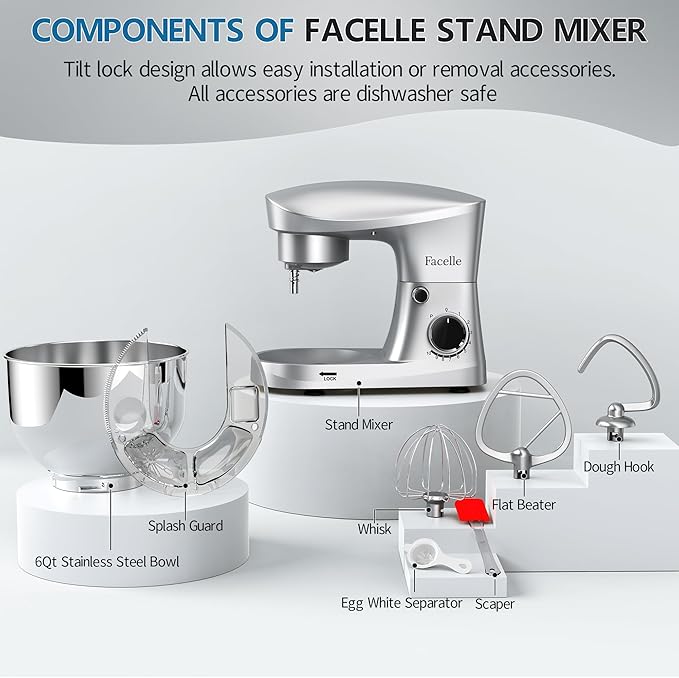 Facelle Stand Mixer, 10-Speed 6QT Kitchen Electric Mixer, Tilt-Head Food Mixer with Beater, Dough Hook, Wire Whip and Egg Separator, scraper for Most Home Cooks - Silver