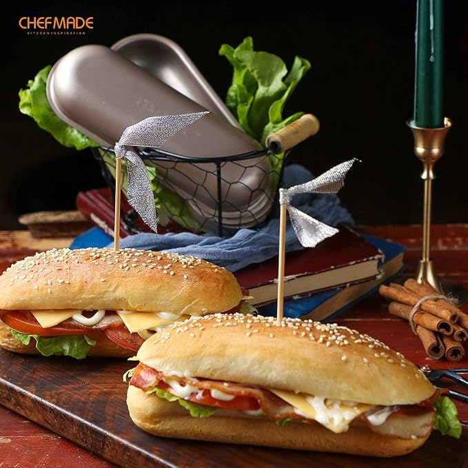 CHEFMADE Mini Loaf Pan Set, 7-Inch 4Pcs Non-Stick Hotdog-Shaped Bread and Cake Bakeware for Kitchen Baking (Champagne Gold)