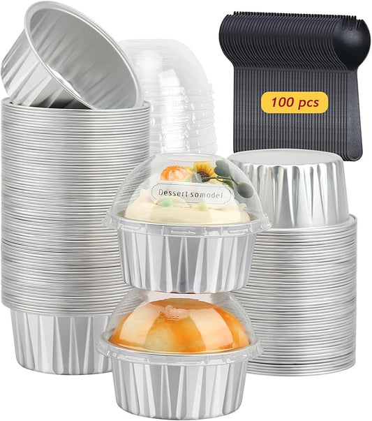 LNYZQUS 5oz Cupcake Pans Muffin Tins with Lids 100 Pack, Aluminum Foil Mini Cake Baking Pans,Small Baking Cups Containers,Disposable Ramekins Muffin Cups -Silver