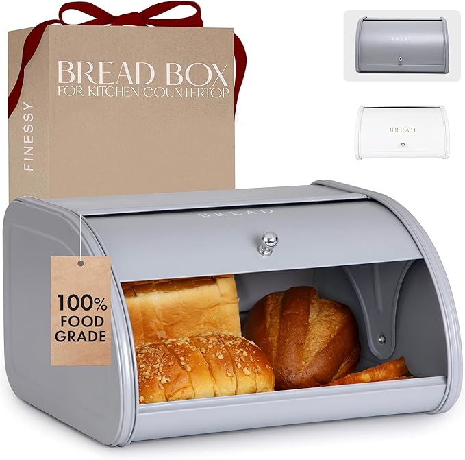 FINESSY Modern Metal Bread Box for Kitchen Countertop, Farmhouse Homemade Loaf Bread Storage Bin Holder for Kitchen Counters Organizer, Airtight Roll Top Sourdough Corner Breadbox Container Keeper