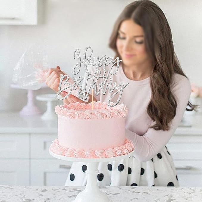 ZHUOWEISM 1 PCS Happy Birthday Cake Topper Glitter Happy Birthday Cake Pick for Celebrating Happy Birthday Anniversary Theme Party Cake Decorations Supplies Silver