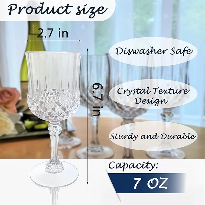 Plastic Wine Glasses，Plastic Goblets Vintage Style Cordial Drinking Glasses for Wedding Reception, Grand Event Party Supplies (24, transparent)