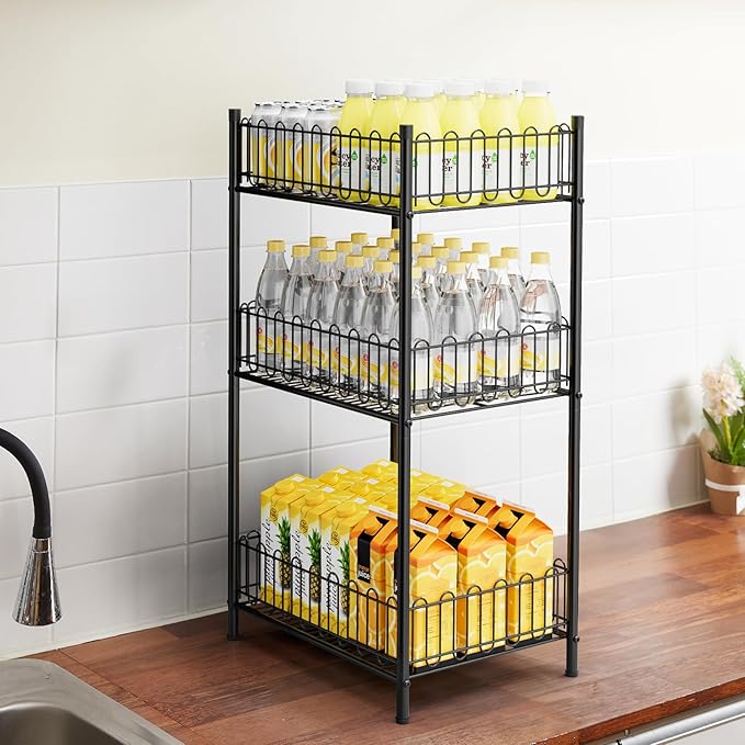 OYEAL Water Bottle Holder Rack 3 Tier Soda Drink Organizer Vertical Metal Food Storage Shelf for Kitchen Countertop Pantry, Can Storage Organizer for Pantry