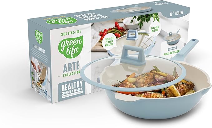 GreenLife Nonstick 12” (5QT) All in One Deep Skillet Wok with Lid, PFAS-Free Non-Toxic Ceramic Multi-Purpose Pan, Induction, All Stovetop, Egg, Stir Fry, Saute, Stay Cool Handle, Blue Haze
