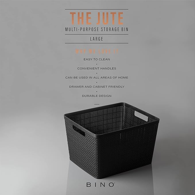 BINO | Woven Plastic Basket | Large (Black), 3-Pack | THE JUTE COLLECTION | Home Organization, Space - Saving Storage, Stylish Design | Jute Basket | Plastic Storage Basket
