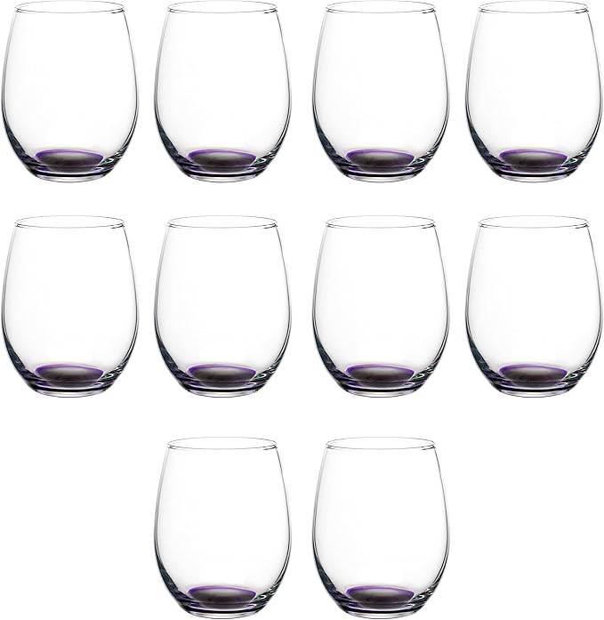 DISCOUNT PROMOS Stemless Wine Glasses in Bulk by ARC Perfection, 15 oz, 10 Pack, Purple or White Wine Glass Set, Purple