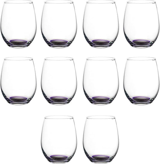 DISCOUNT PROMOS Stemless Wine Glasses in Bulk by ARC Perfection, 15 oz, 10 Pack, Purple or White Wine Glass Set, Purple