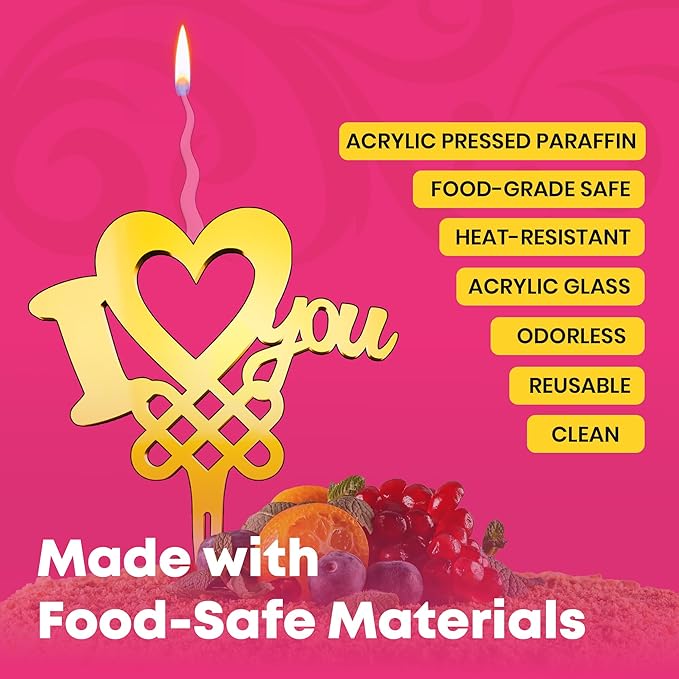 I Love You Reusable Gold Romantic Cake Candle - Luxury Cake Topper Candle for Birthdays, Weddings & Anniversaries - Reusable Food Safe Acrylic, Shiny Mirror Finish - Happy Birthday Cake Topper Decor