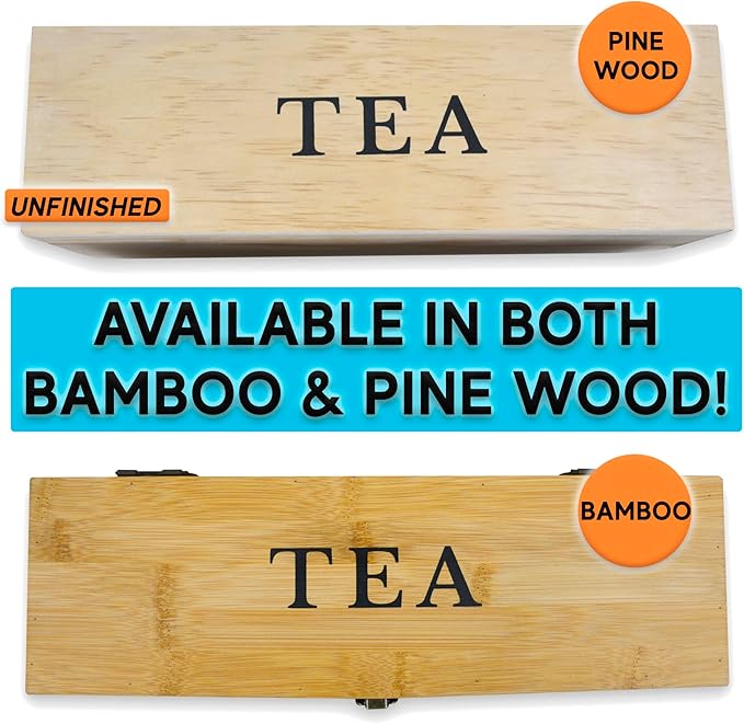 Bamboo Tea Organizer Box Chemical Free Eco-Friendly Big, Tall, Adjustable Cubbies Natural Wooden Storage Chest (4-Slot Rectangle 14.3"x 4.4" x 4.2" with TEA print design)