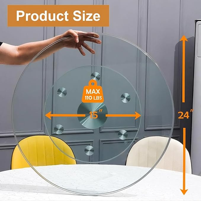 24" Tempered Glass Lazy Susan Turntable, 360° Silent-Spin Round Clear Tabletop Rotating Tray, Centerpiece for Dining Tables, Smooth Rotation, for Banquets, Weddings & Family Gatherings