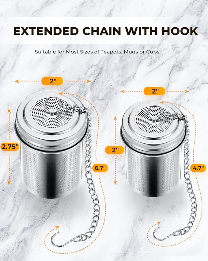 House Again Tea Infuser (2 Pack, Large + Small), Extra Fine Mesh Tea Strainers for Loose Tea, 18/8 Stainless Steel Tea Strainer with Extended Chain Hook, Tea Steeper