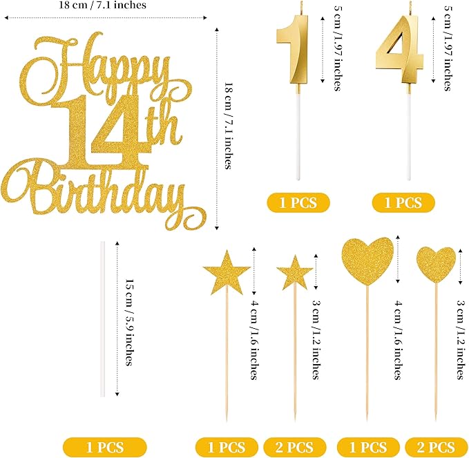 14th Birthday Cake Decorations, 14th Birthday Candles Cake Numeral Candles and Glitter Happy 14th Birthday Cake Toppers Set for Birthday Party Supplies (Gold)