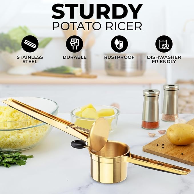 Zulay Kitchen Premium Large 15oz Potato Ricer, Heavy Duty Professional Stainless Steel Potato Masher and Ricer Kitchen Tool, Press and Mash Kitchen Gadget - Gold/Black