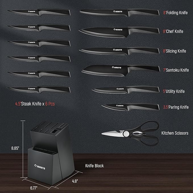 15-Piece Kitchen Knife Set with Block – Chef Knives, Utility Knives, Steak Knives, and Built-In Sharpener (Black and Gray)
