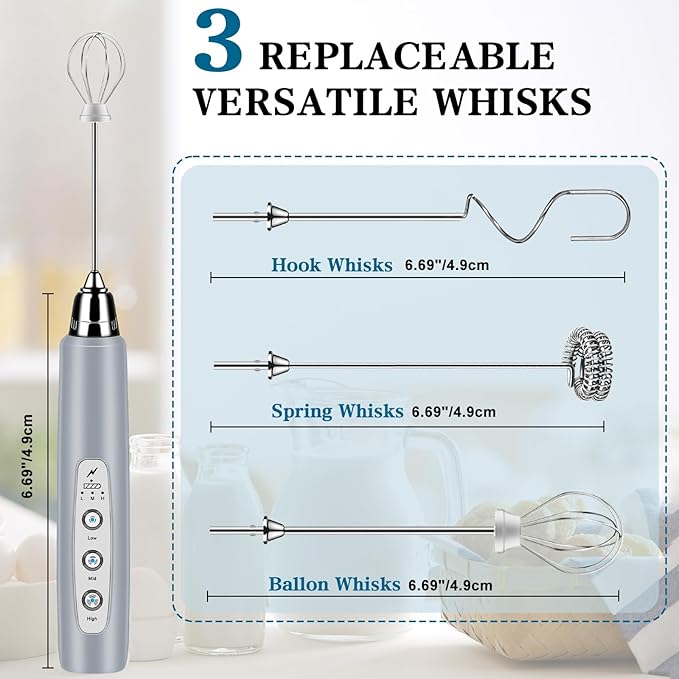 Milk Frother Handheld for Coffee, Electric Whisk 3 Speed Adjustable, Drink Mixer with Stainless 3 Whisks, Rechargeable Hand Frother Wand, for Latte Cappuccino Hot Chocolate Egg Cement Gray