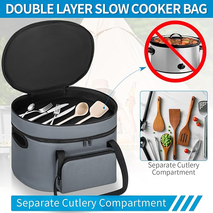 Double Layer Slow Cooker Travel Bag Compatible with 6, 7, 8 Quart Crock-Pot, Insulated Travel Carrier with Easy to Clean Lining, Grey