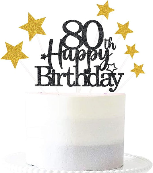 Glittery 80th Happy Birthday Cake Topper with Star,Personalised 80 Birthday Cake Toppers Party Decorations Party Supplies for Men Women Black Gold