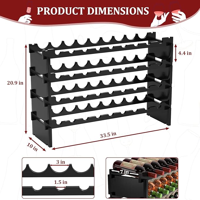 Domax Wine Rack Freestanding Floor - 36 Bottle Wooden Stackable Wine Storage Holder for Cabinet, Bar, Pantry and Cellar 33.5 inch Wide(Black)