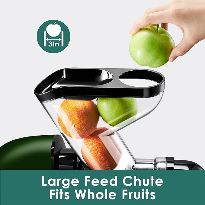 Cold Press Juicer, Masticating Slow Juicer,Juicer Machines Vegetable and Fruit, 3-Inch Wide Feeding Chute, BPA Free Easy to Clean,Quiet and Strong DC Power, 200W(Dark Green)