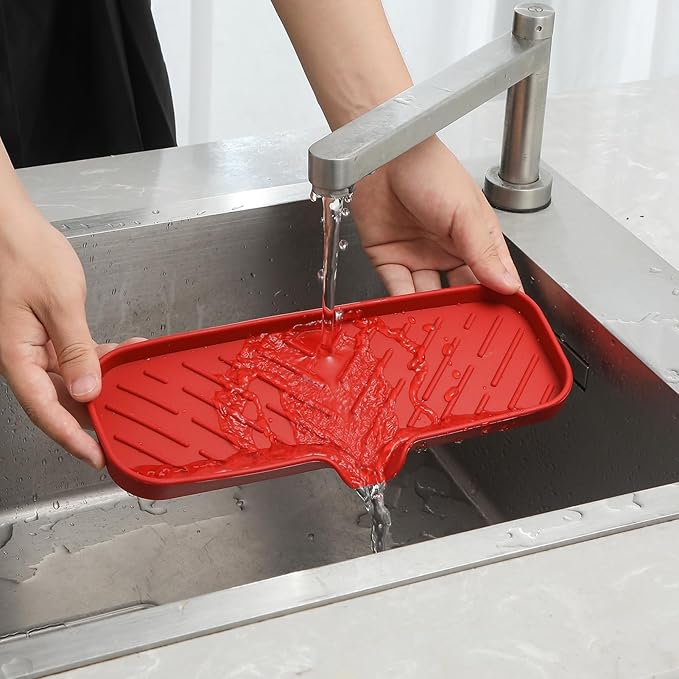Silicone Bathroom Soap Dishes with Drain Spout-Bathroom and Kitchen Sink Organizer,Sponge Holder,Dish Soap Tray,Perfect for Dispenser,Scrubber,Bottle,Cup on Sink or Counter-Red 12"×4"