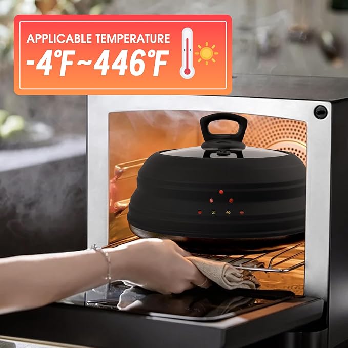 Microwave Splatter Cover Glass 10.5 Inch Microwave Cover for Food with Handle Collapsible Silicone Microwave Cover with Steam Vent for Pot Plate Bowl (Black)