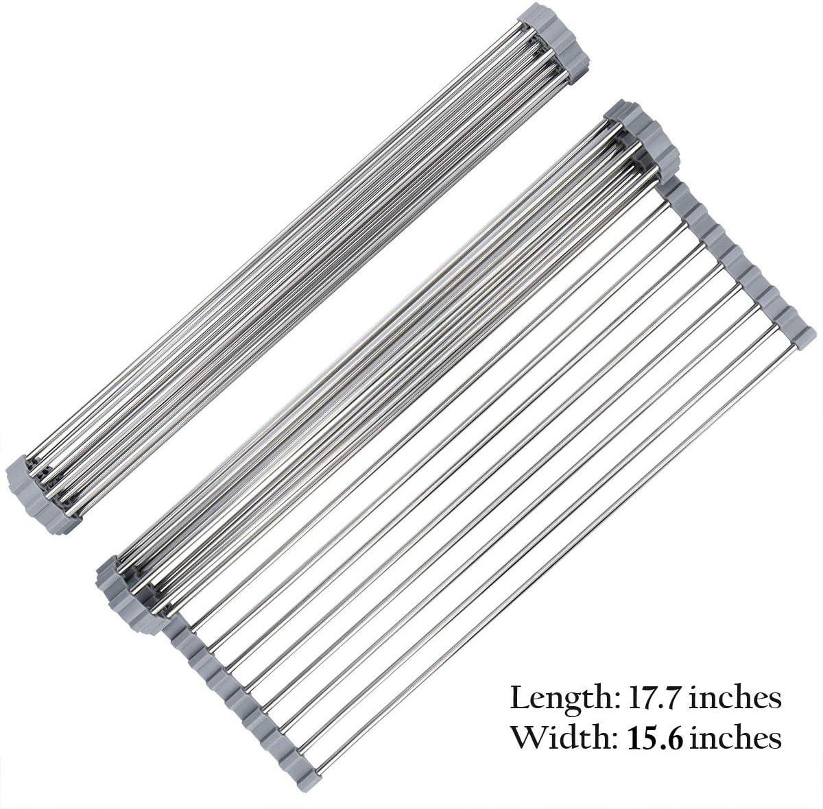 Roll Up Dish Drying Rack Over The Sink 17.7"(L) x 15.6"(W), Multipurpose Foldable Stainless Steel Kitchen Rollable Drainer Rack, Gray