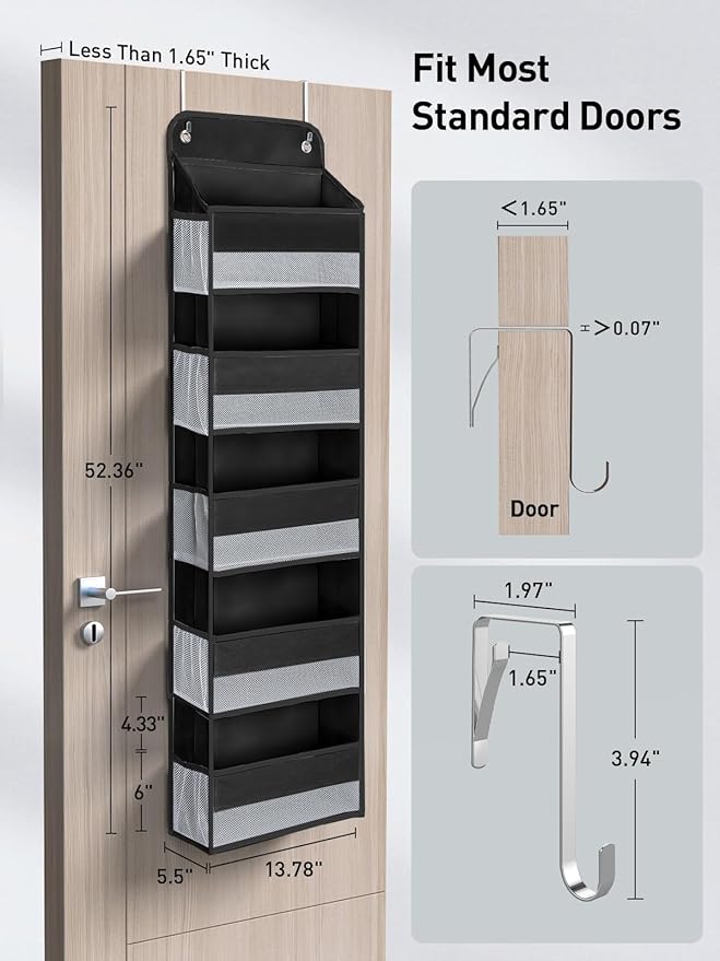 Yecaye 1 Pc Over the Door Organizer with 5 Bins 10 Side Pockets, 44lbs Load Hanging Bathroom and Bedroom Organizer, behind the Door Hanging Organizers for Nursery Newborn Baby Essential Stuff Black