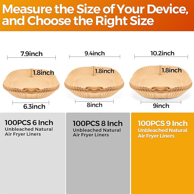 Vailnd Air Fryer Liners Disposable, 100Pcs 9 Inch Max Xl Large Cooker Airfryer Paper Liners, Oil Proof Parchment Sheets Square Basket Baking Liner for 8/10/11/12 QT Air Fryer Microwave