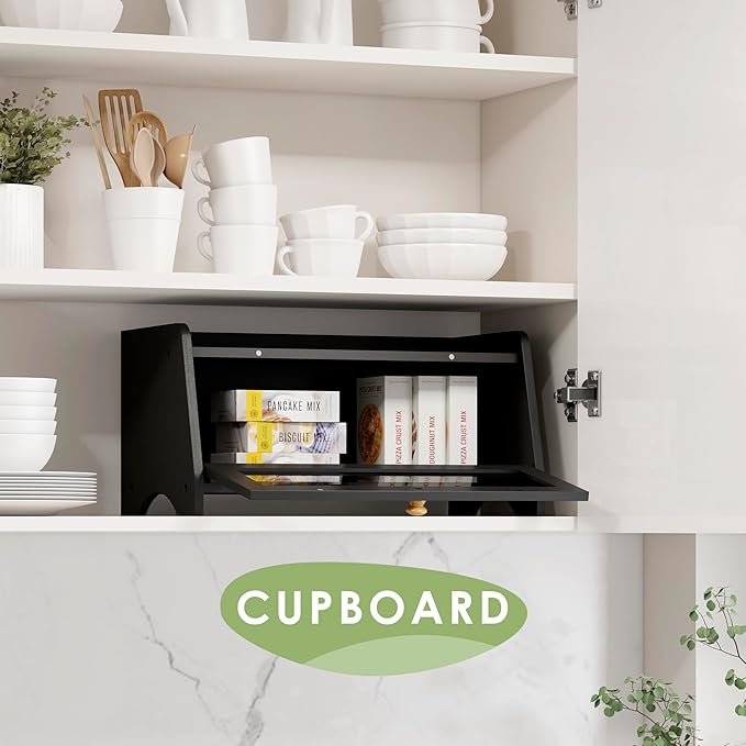 Bread Box for Kitchen Countertop, Large Bread Container Storage, Wooden Farmhouse Bread Box with Window Bread Holder (Black)