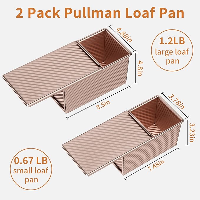 2 Pack Pullman Loaf Pan with Lid - Nonstick Bread Baking Pans for Homemade, Carbon Steel Toast Mold with Cover for Toaster Oven, Gold (1.2 lb & 0.67 lb)