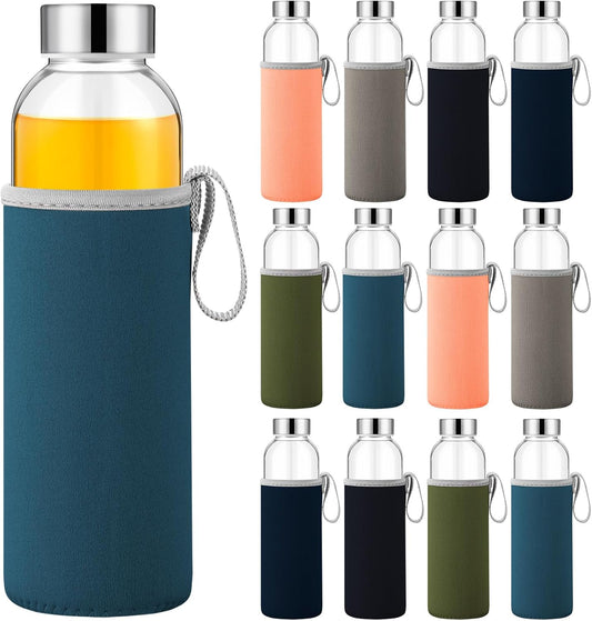 Vesici 12 Set 18 oz Clear Glass Water Bottles, Reusable Glass Juicing Bottles with Protection Sleeve and Stainless Steel Leak Proof Lids for Milk Smoothie Juice Beverage Tea (Colorful,Low Profile)