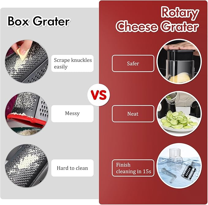 Ourokhome Rotary Cheese Grater Hand Crank, Kitchen Shredder Speed Mandolin Slicer Ice Shaver with Handle and Drum Blades for Cheese, Vegetable, Nuts, Chocolate, Potato, Carrot, 5 Blades, Black