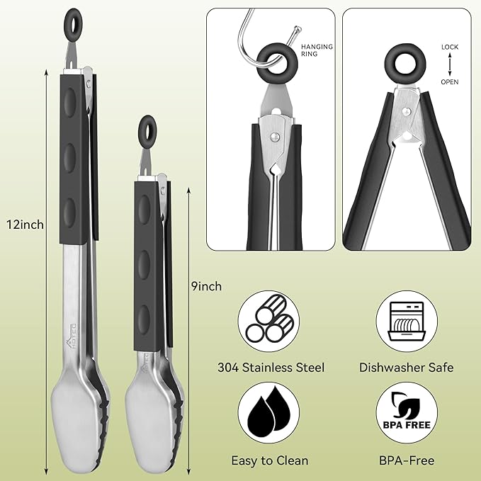 Hotec Stainless Steel Kitchen Tongs Grill Tongs Set of 2-9" and 12", Barbecue Tongs Locking Metal BBQ Kitchen Food Tongs for Cooking Non-Slip Grip