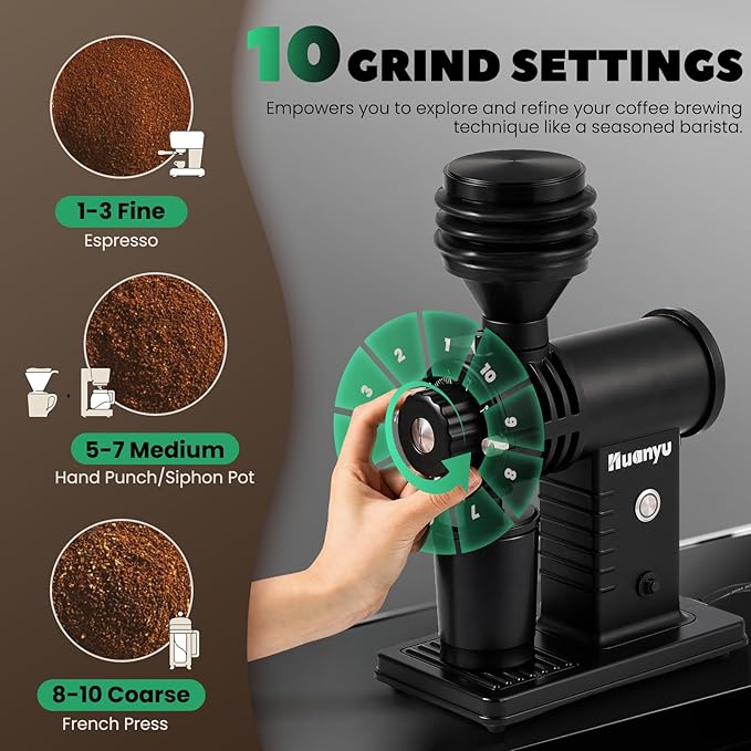 Huanyu Espresso Grinder with Titanium Flat Burr Electric Coffee Grinder with Hopper Bellows 10 Precise Grind Setting Coffee Grinders for Home Use Black