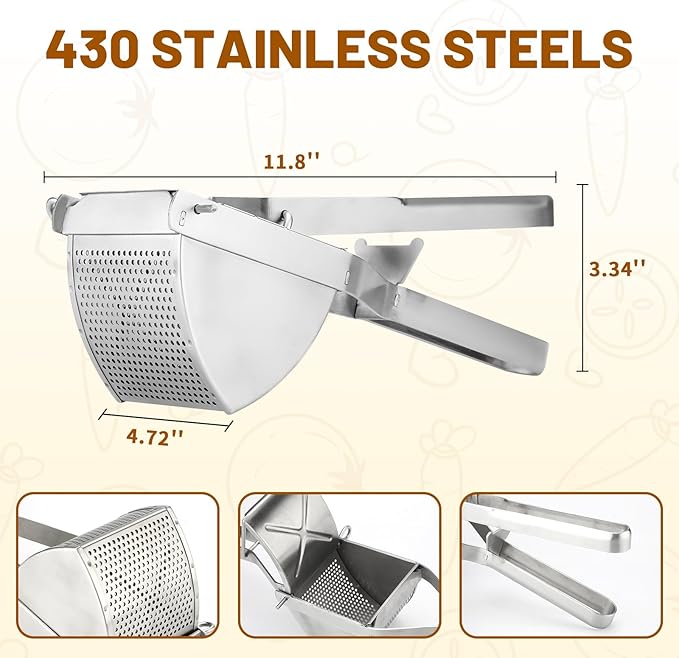 Potato Ricer, Heavy Duty Stainless Steel Professional Ricer for Mashed Potatoes and Ricer Kitchen Tool, Mash Potato Masher for Creamy Mashed Potatoes (Silver)