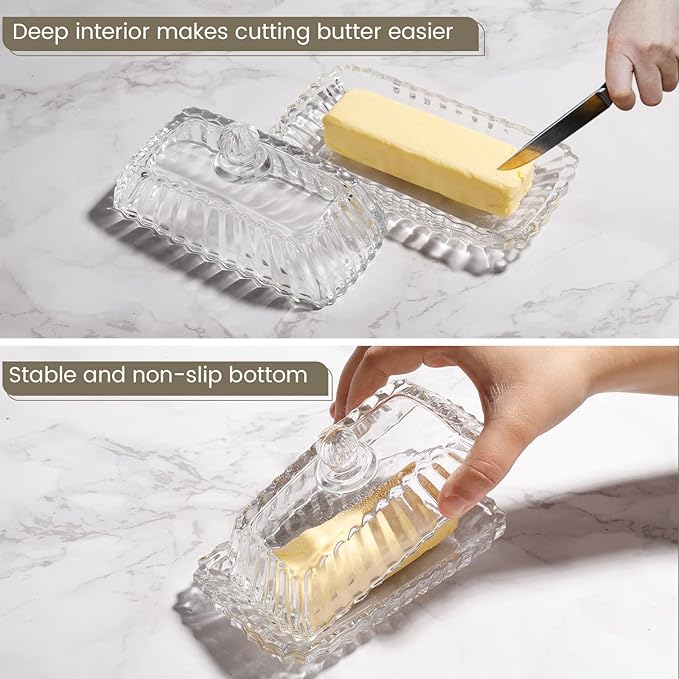Glass Butter Dish with Lid for Countertop,Vintage Crystal Butter Container for Counter,Covered Glass Butter Keeper,Butter Tray for Refrigerator,Butter Holder with 4oz Butter