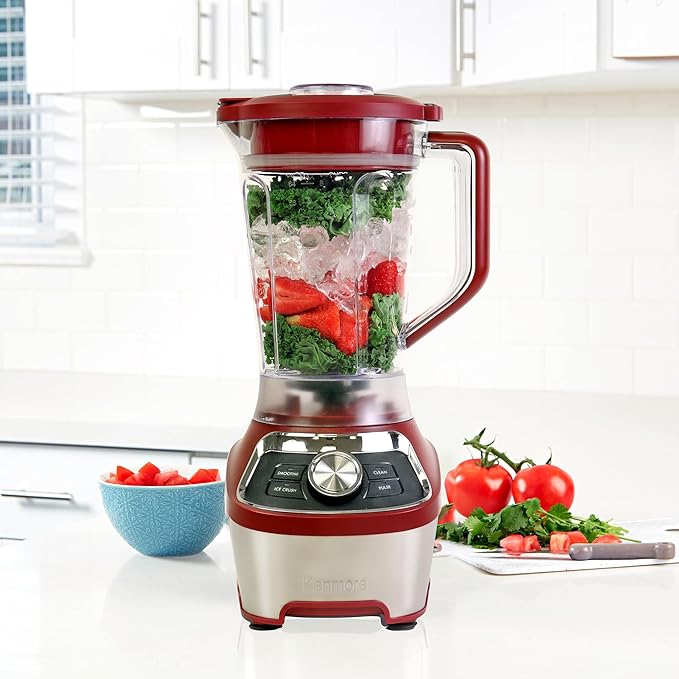 Kenmore Countertop Blender - Electric Mixer, Frozen Smoothie, Shakes, Milkshake, Puree Maker, Licuadora Grinder Kitchen Appliance With Ice Crush & Pulse Function, Dishwasher Safe Pitcher, Red