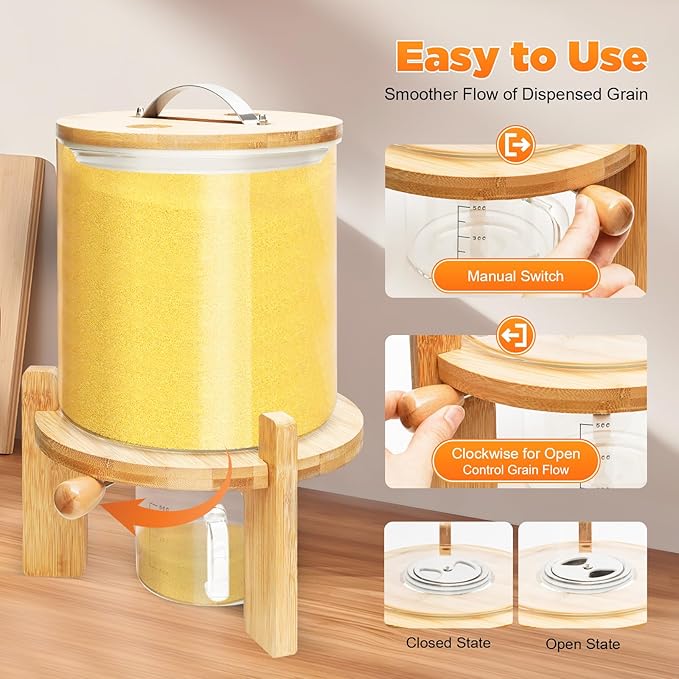 Flour and Cereal Container, Rice Dispenser, Creative Glass Food Storge Container for Kitchen Organization and Pantry Store, Airtight Lid and Wooden Stand (7.5L)