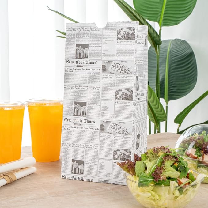 Bag Tek 8 Lb Disposable Lunch Bags, 100 Sturdy Take Out Bags - Flat Bottom, Microwavable, Newsprint Design Paper Bags, Freezable, Great For Restaurants, Cafes, And Bakeries - Restaurantware
