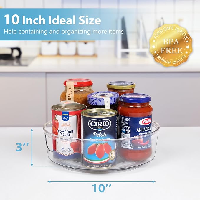 GUZON 6 Pack Lazy Susan Turntable for Cabinet, 10 Inch Lazy Susan Organizer with Handles and High Sides, Clear Rotating Organizer for Kitchen, Pantry, Dresser, Refrigerator, Bathroom, Table, Fridge