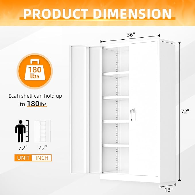 INTERGREAT Metal Storage Cabinets 72” White Garage Steel Storage Cabinet with Doors and Shelves, Metal Tool Cabinet, Steel File for Home Office, Basement