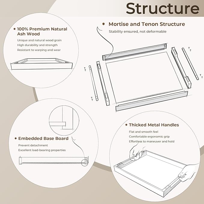Axeman Wooden Serving Tray with Metal Handles|Ottoman Tray for Breakfast, Bed, Couch|17x13in Ash Wood Coffee Table Trays|Food Drinks Decorative Storage Boards for Ottoman Kitchen, Black