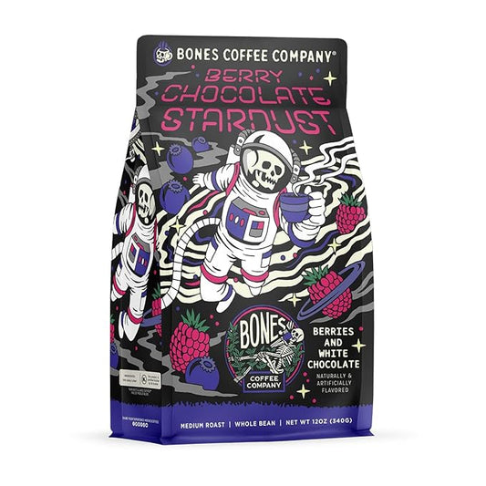 Bones Coffee Company Berry Chocolate Stardust, Berries and White Chocolate Flavored Coffee, Medium Roast Low Acid Arabica Beans For Auto drip and French Press Coffee Maker, 12 Oz Whole Bean