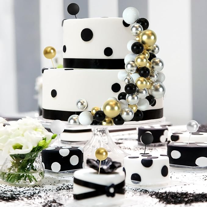 48 Pcs Balls Cake Topper Decorations Balloon Cupcake Toppers Foam Cake Topper Balls Cake Balls Decorations for Birthday Party Wedding Anniversary Cake Decorating (Black, Silver, White, Gold)