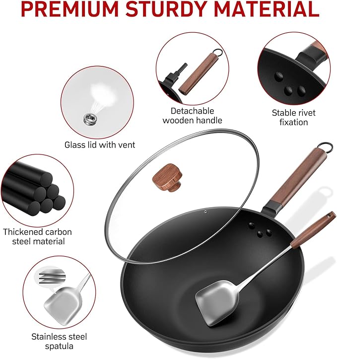 Carbon Steel Wok - Including Glass Cover and Steel Spatula, 13-Inch Woks & Stir-Fry Pans for Induction, Electric, Gas Stoves