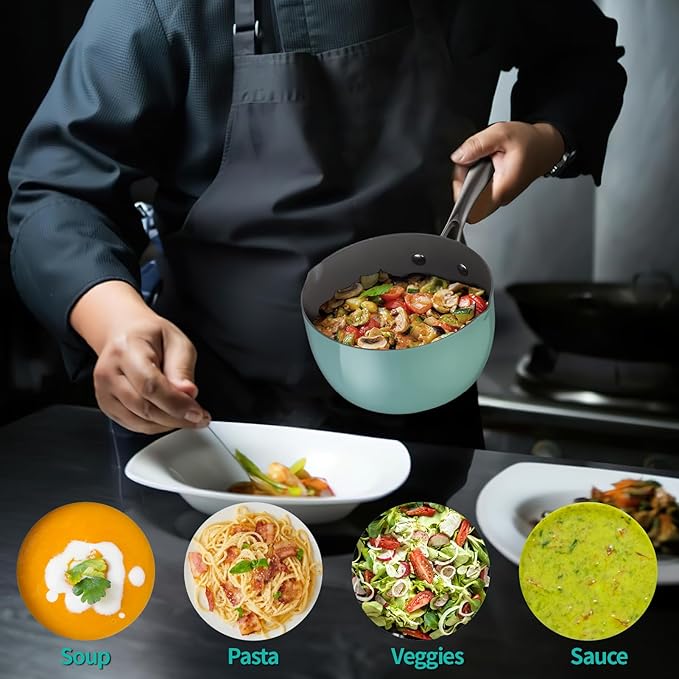 Ceramic Nonstick Tri-Ply Stainless Steel Sauce Pan with Steamer,2.5 Quart Small Multipurpose Pot with Pour Spout,Strainer Glass Lid, 2qt Saucepan for Cooking with Stay-cool Handle,Green
