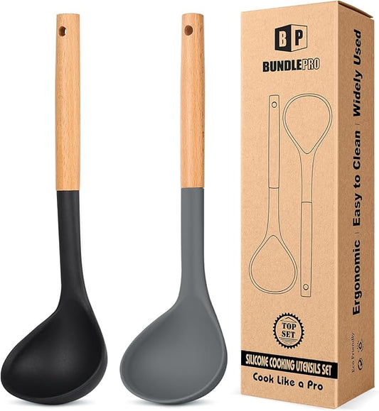 Pack of 2 Soup Ladle, Silicone Ladle Spoon with Wooden Handle, Large Non Stick High Heat Resistant Kitchen Utensils for Cooking, Stirring, Serving Soups(BLACK-GRAY)