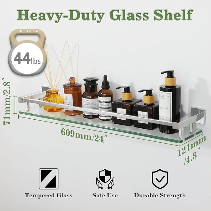 Alise Bathroom Shelf Wall Mounted, Polished Chrome Large Capacity Glass Shelf for Bathroom, 24 inch